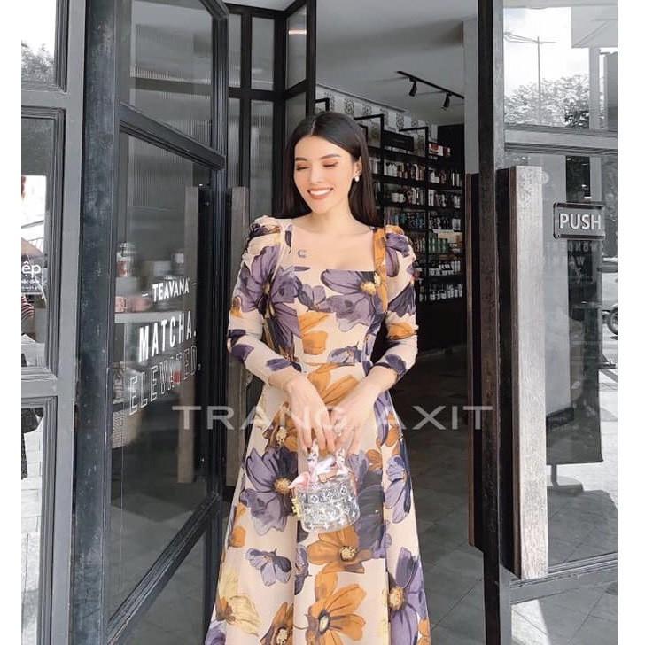 Đầm nữ ĐẦM ÔM XÒE HOA TAY LỠ CỔ VUÔNG