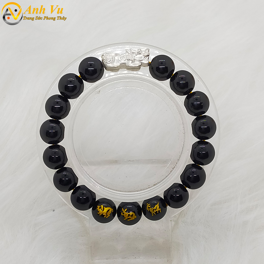 Vòng tay tỳ hưu tam hợp hợi mão mùi chất liệu mã não đen - size 8 10 12ly cho người mệnh mộc, mệnh thủy - có khai quang điểm nhãn may mắn tài lộc - bảo hành 12 tháng - PHONG THỦY ANH VŨ