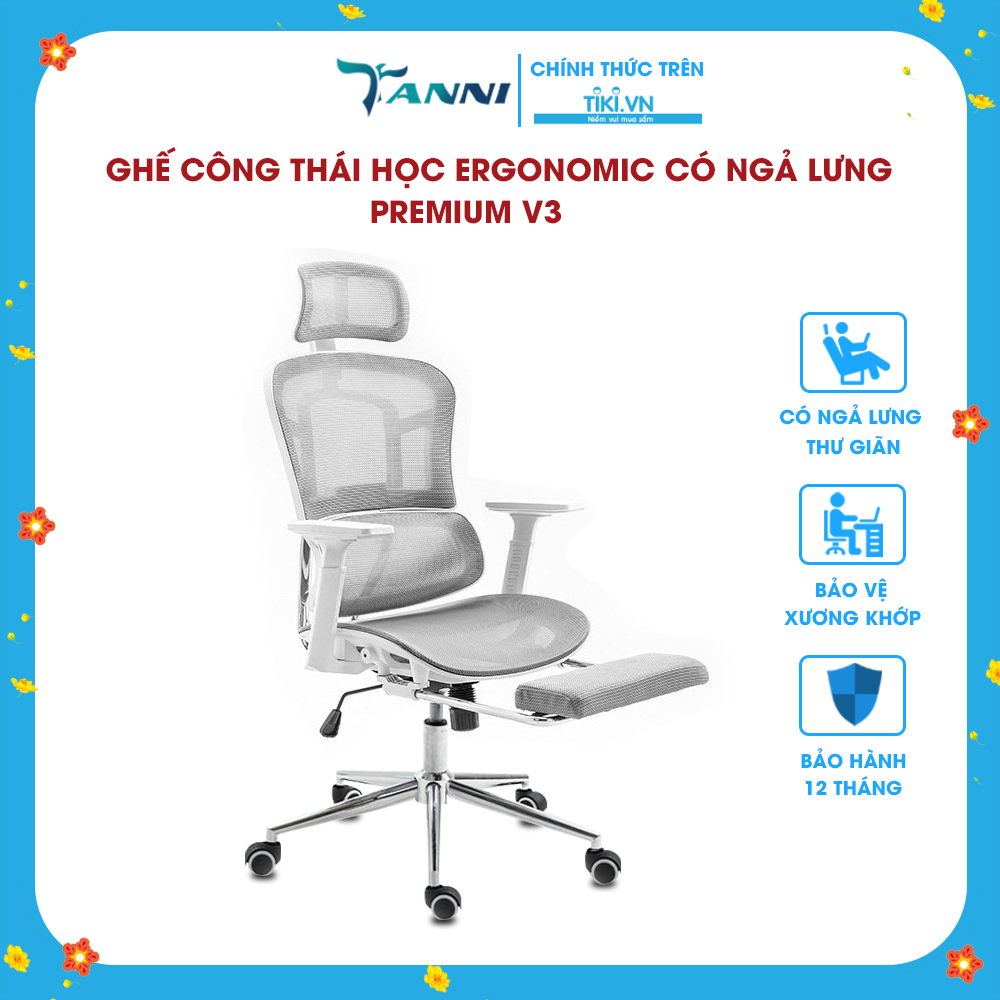 Ghế Xoay Văn Phòng Công Thái Học Cao Cấp Có Ngả Lưng TANNI Premium V3, Ghế Xoay Ngồi Làm Việc Ergonomic Nhập Khẩu