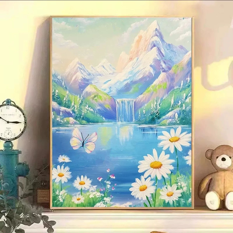 Tranh thêu kín Cúc hoạ mi bên hồ nước 3132, kích thước 50 x 60 cm