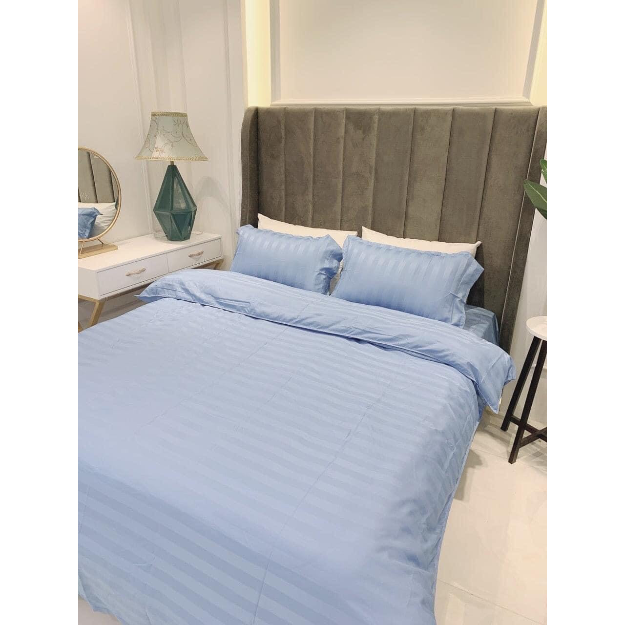 Bộ Chăn Ga Gối Cotton 3F Kẻ Sọc Khách Sạn Màu Xanh Nhạt
