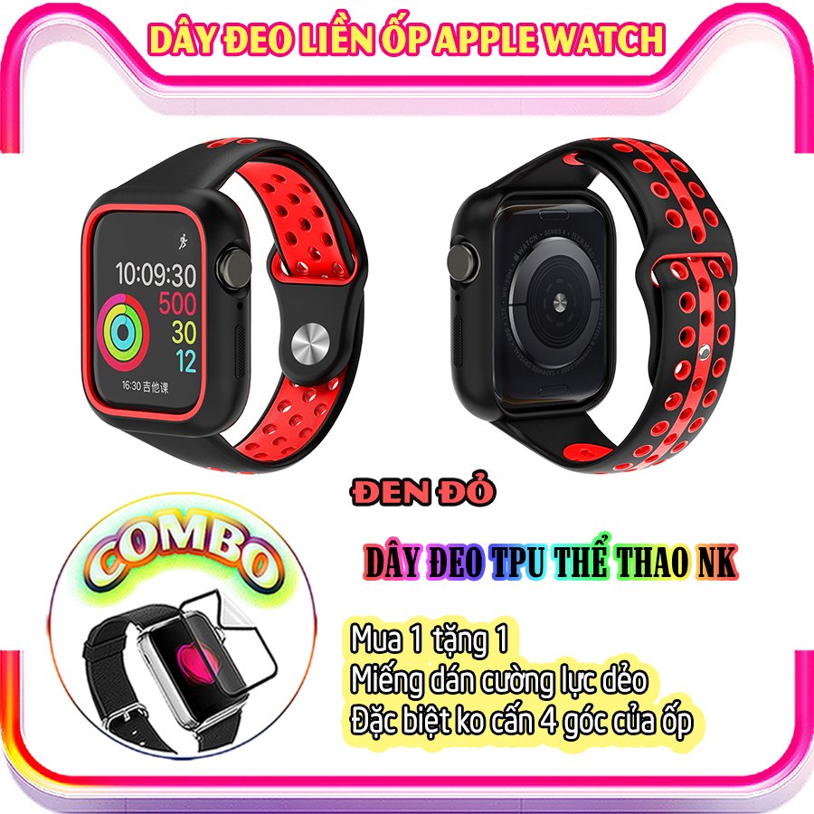 Dây Đeo liền ốp dành cho Apple Watch size 38/40/42/44mm TPU thể thao viền màu - Đen Đỏ (tặng dán KCL theo size)