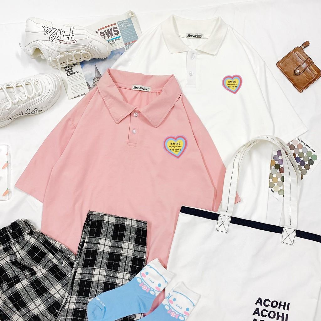 Polo áo thun có cổ tay lỡ in TRÁI TIM HAVING form rộng ulzzang couple nam nữ UNISEX