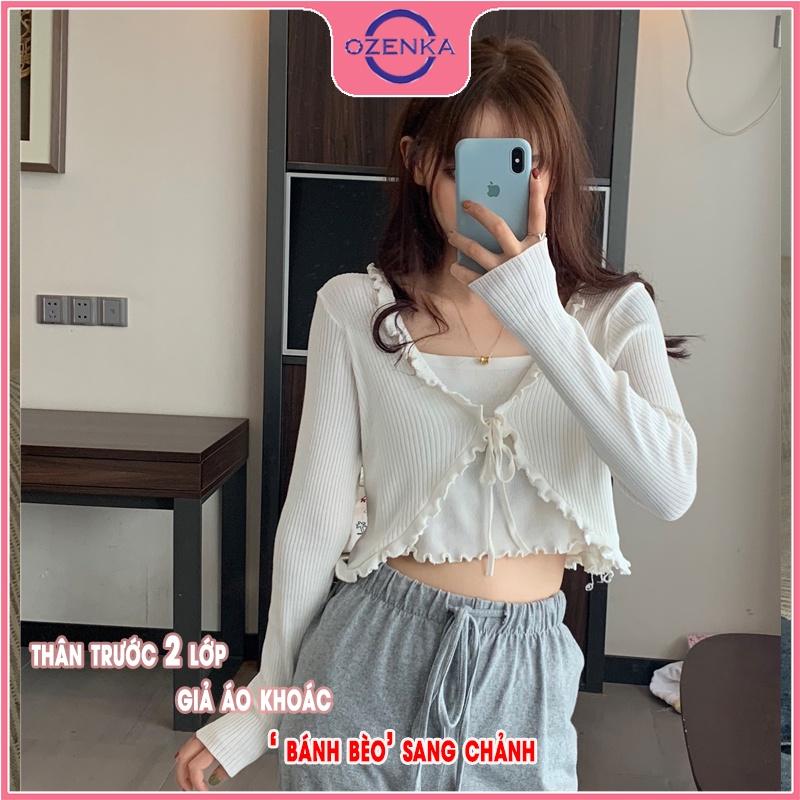 Áo cardigan croptop tay dài nữ OZENKA , áo khoác crt ôm body len gân 100% cotton thân 2 lớp màu đen trắng bánh bèo