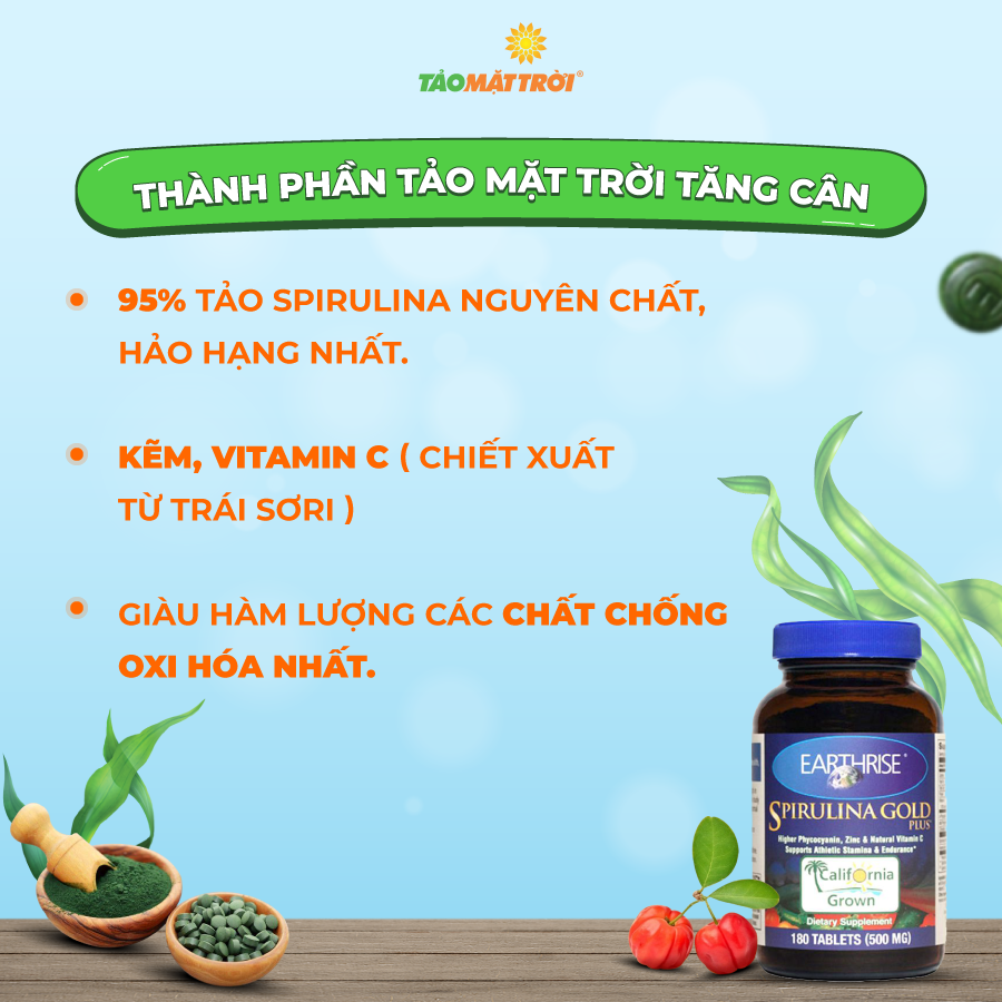 Tảo Mặt Trời Earthrise Spirulina Gold Plus - Tăng cân chắc khỏe từ hệ cơ, an toàn tự nhiên, nhập khẩu nguyên hộp - Lọ 360 viên