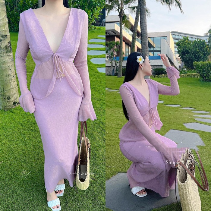 ĐẦM SET ÁO TAY LOE BUỘC DÂY BÈO CỔ V + CHÂN VÁY DÀI MIDI SUÔNG TRƠN PASTEL MAXI ĐI BIỂN ĐI TIỆC DẠO PHỐ