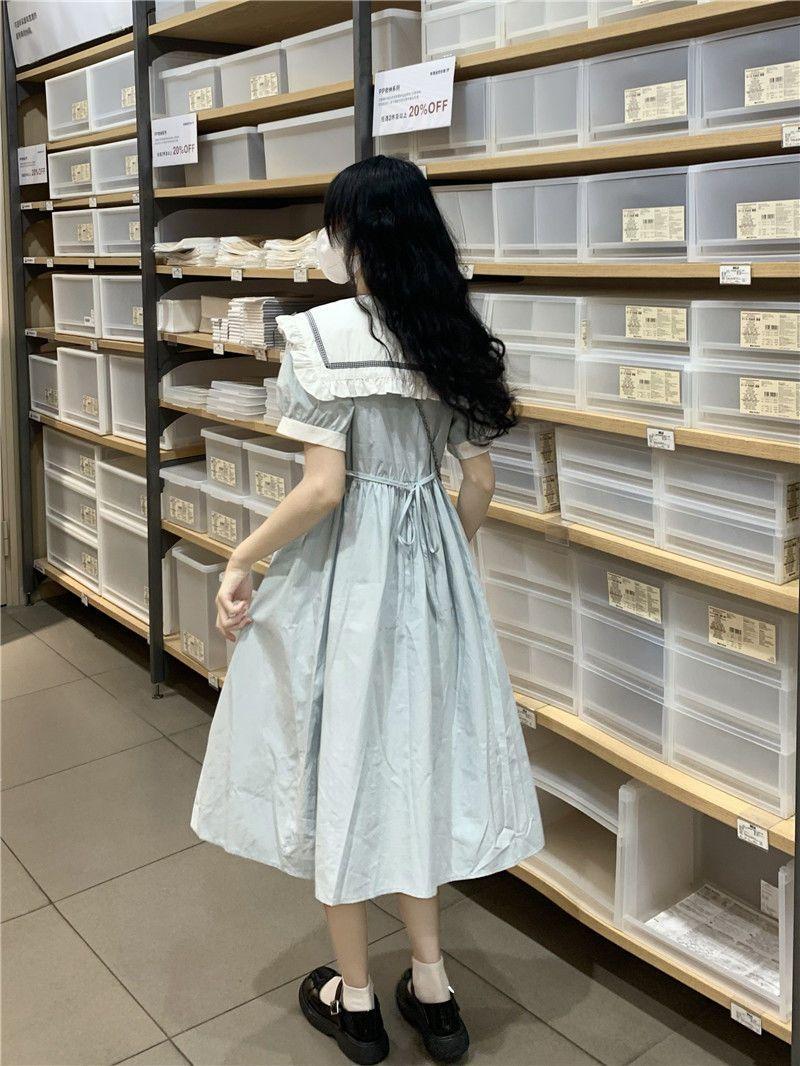 DIYIWEI Ngày hệ ngọt ngào dễ thương đại học gió búp bê cổ ngắn tay áo đầm mùa hè nhỏ giảm tuổi váy chữ a rộng thùng thình(@5