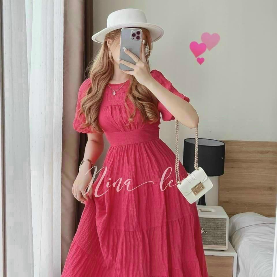 Đầm maxi dài dáng xòe đi biển, maxi phối 4 mà nhã nhặn cổ tròn tay phồng sexy thời trang nữ mùa hè