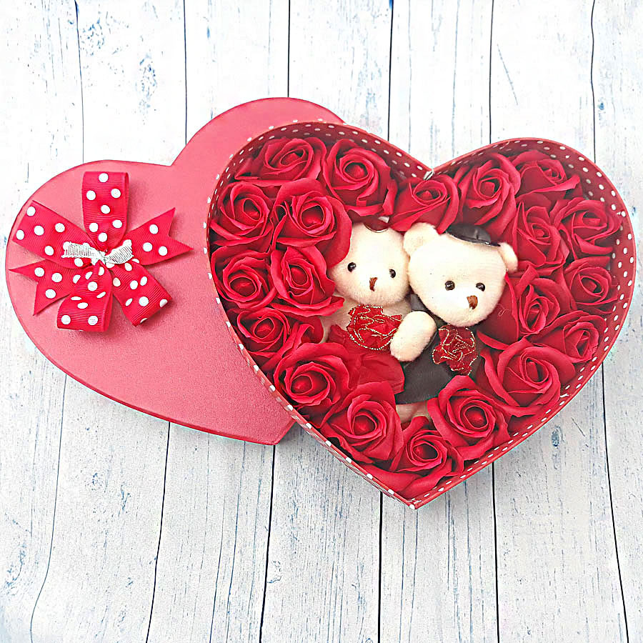 Quà tặng sinh nhật, giáng sinh cho bạn gái - hoa hồng sáp hộp tim 2 gấu, màu đỏ - H2D