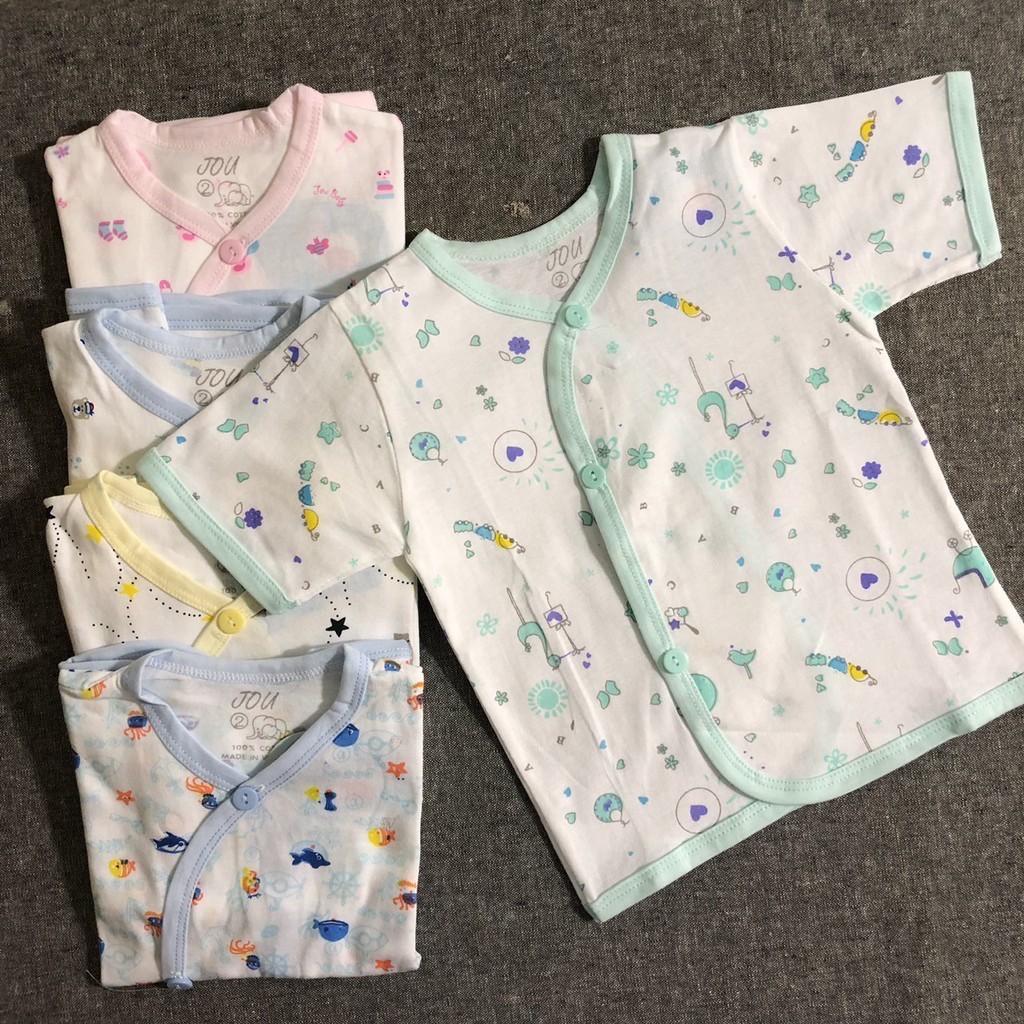 (J10TN) Áo Cài Xéo Họa Tiết Ngắn Tay Chất Cotton Cho Bé Sơ Sinh 3-9kg - Hãng JOU - HỒNG ((HỌA TIẾT )