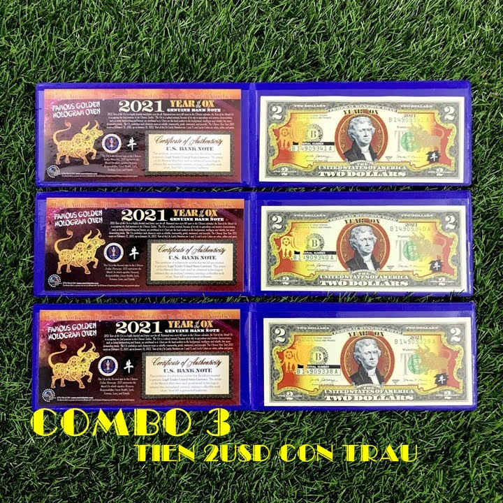 Combo 3 tờ 2 USD hình con Trâu mạ nhũ vàng 2021, dùng để sưu tầm, lưu niệm, làm tiền lì xì độc lạ, may mắn, ý nghĩa