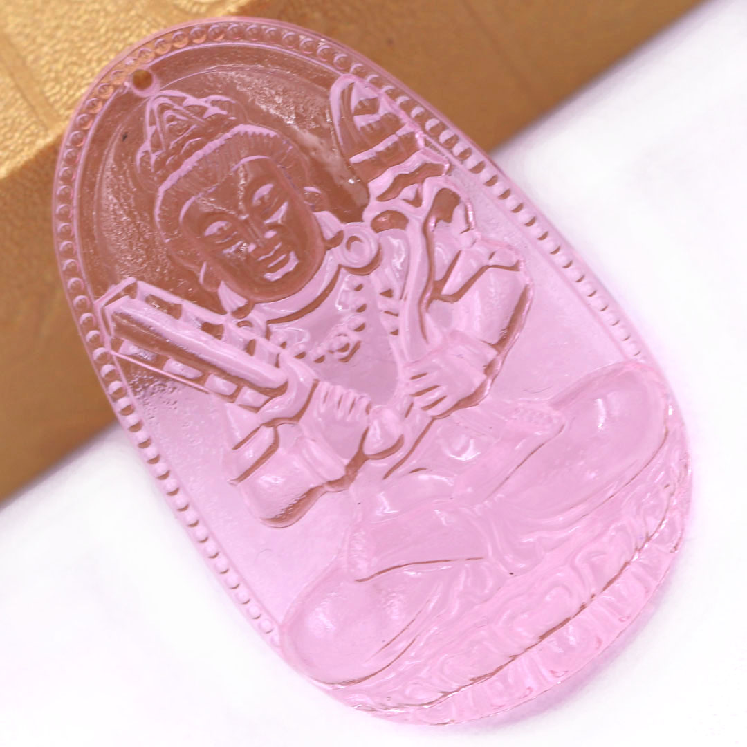 Mặt Phật Hư không tạng pha lê hồng 1.9cm x 3cm  kèm vòng cổ dây cao su đen + móc inox vàng, Phật bản mệnh, mặt dây chuyền