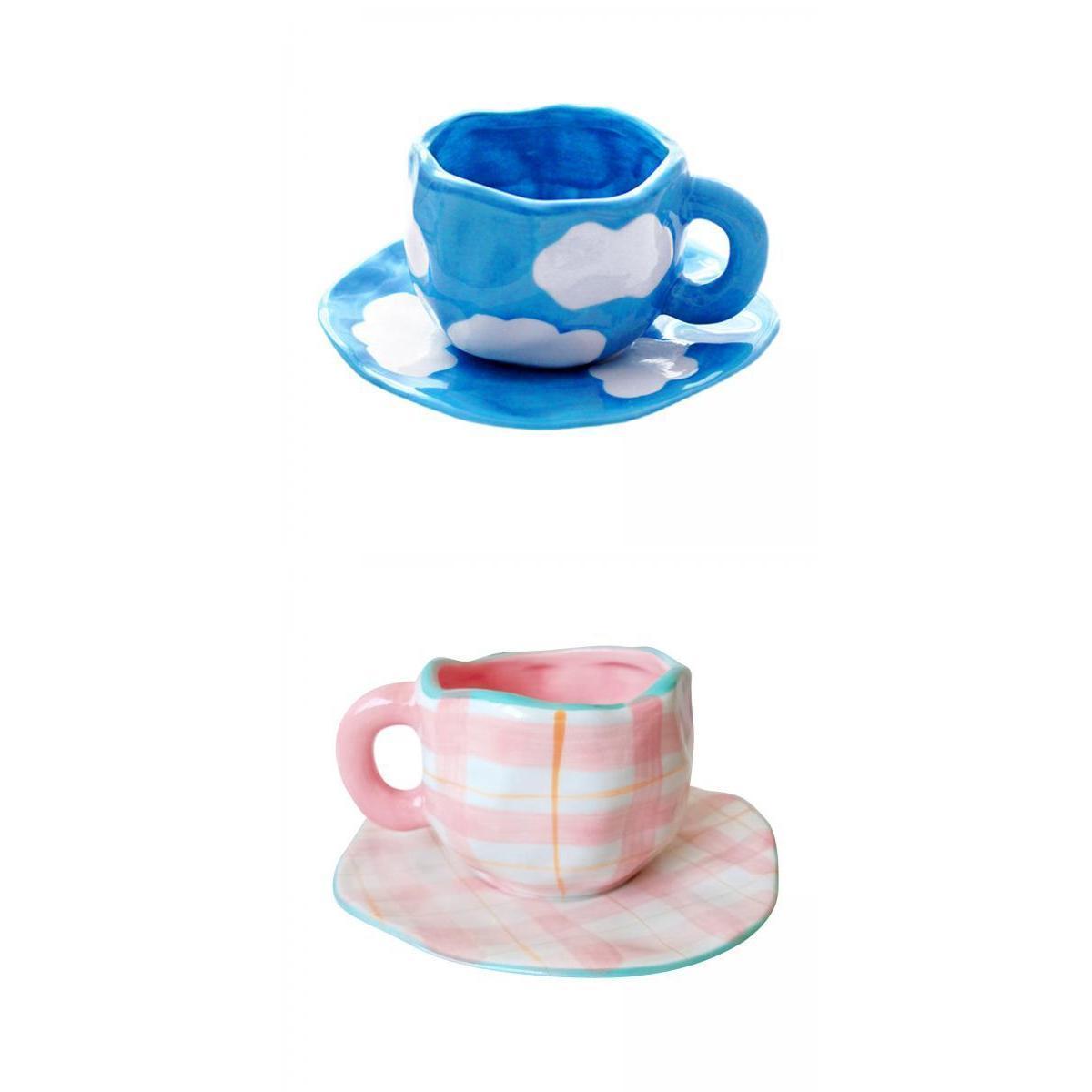 2x Irregular Ceramics Coffee Mug with Coaster Tray Drink Cup for Juice Cafe