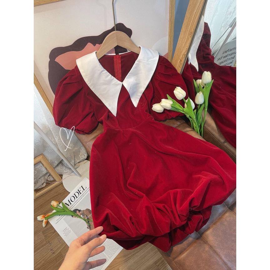 Đầm nhung đỏ phối cổ sen trắng xòe phồng dự tiệc chơi noel du xuân đón tết mẫu thỏ tây