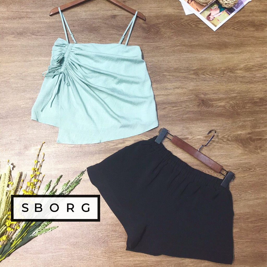 Áo kiểu nữ SBORG áo thời trang nữ chất xô hàn/xô xốp 2 dây phối vạt xéo và dún chỉ sexy đáng yêu có thể điều chỉnh dây áo freesize dưới 55kg quà tặng vợ, thoải mái mặc nhà hoặc đi chơi với bạn bè