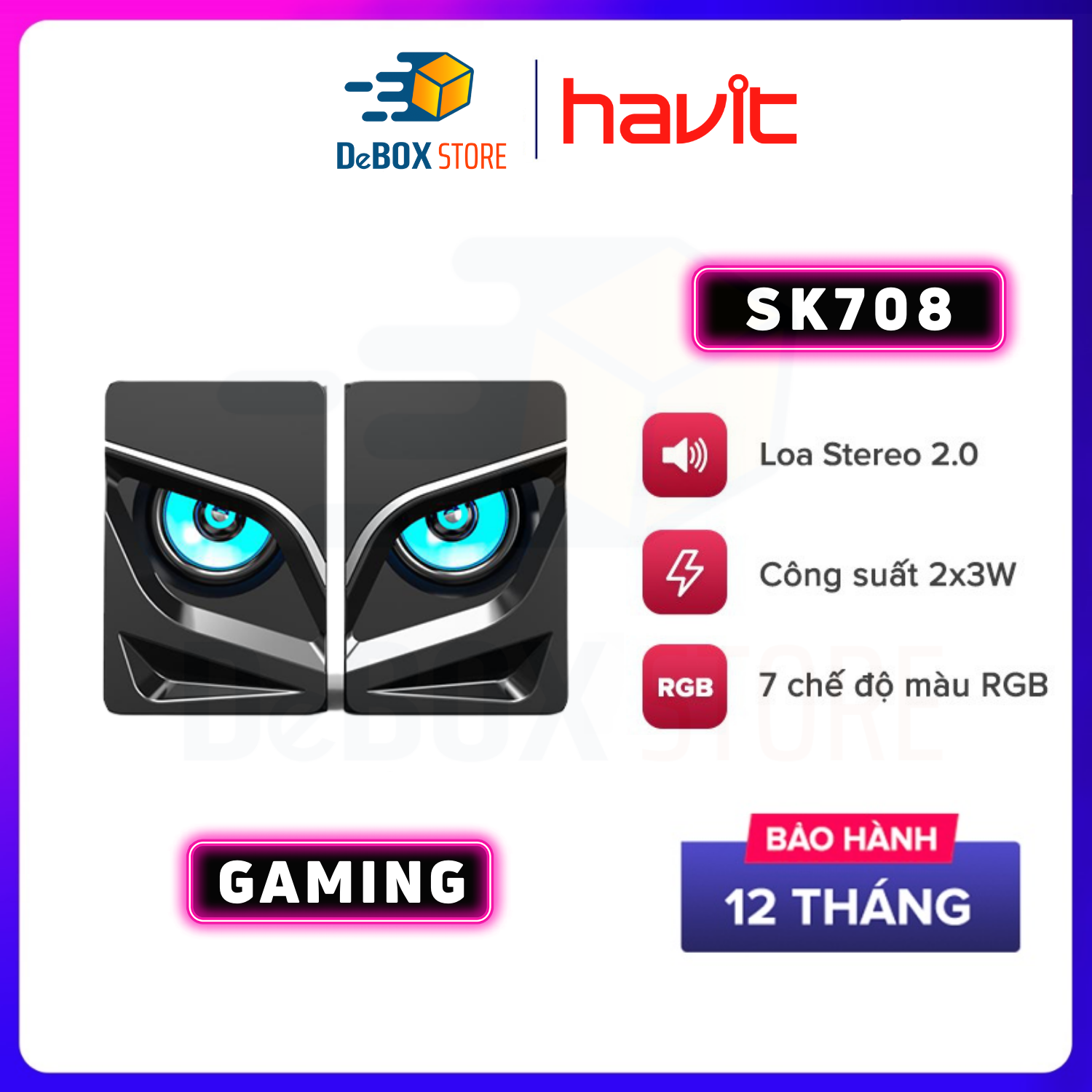 Loa Gaming RGB HAVIT SK708, Âm Thanh Stereo 2.0, 7 Chế Độ Màu RGB, Cống Suất 2x3W - Hàng Chính Hãng