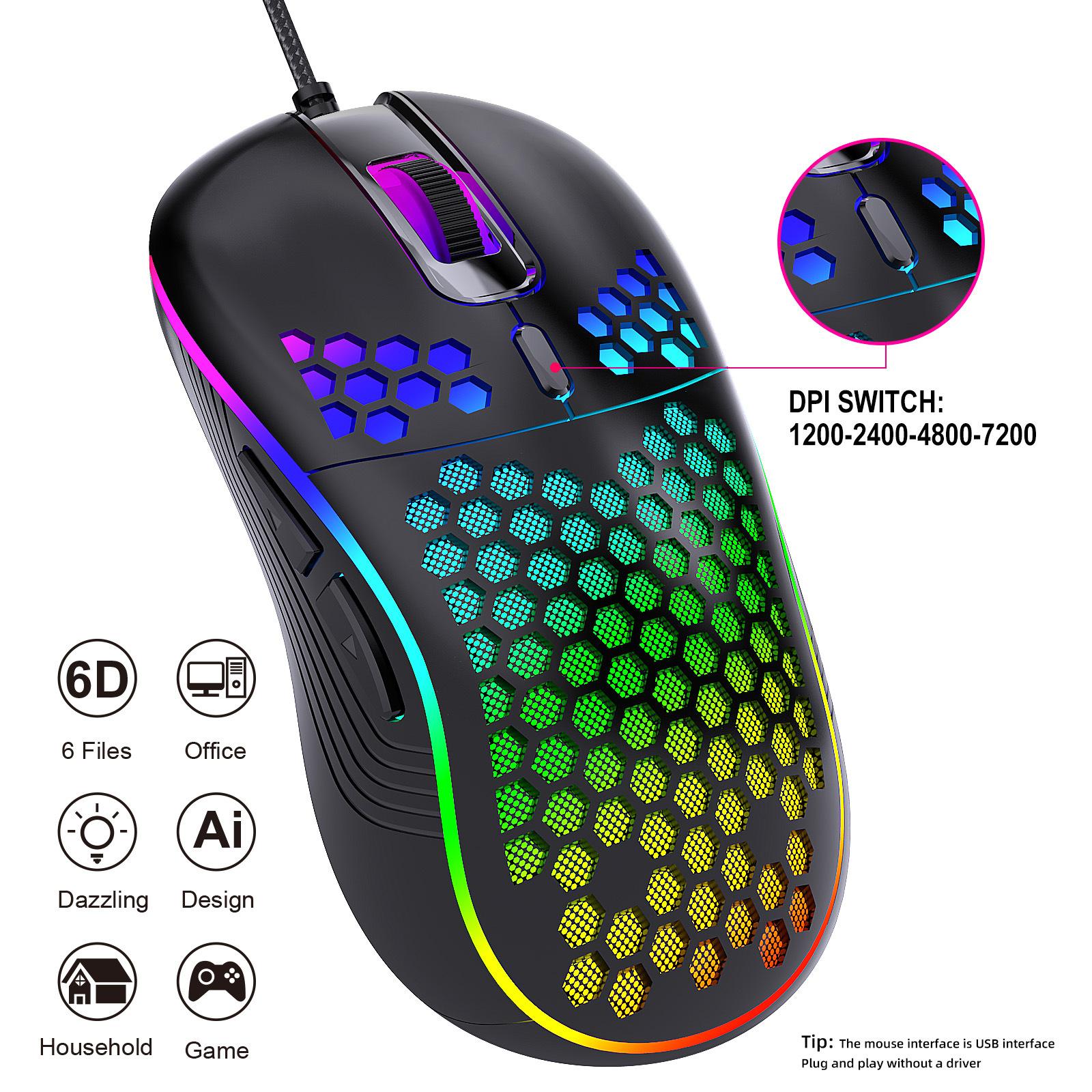 D110 Chuột Chơi Game Có Dây, Đèn Nền RGB, nhẹ 7200 DPI Tổ Ong Quang Cho PC MAC PS5 Xbox Game Thủ