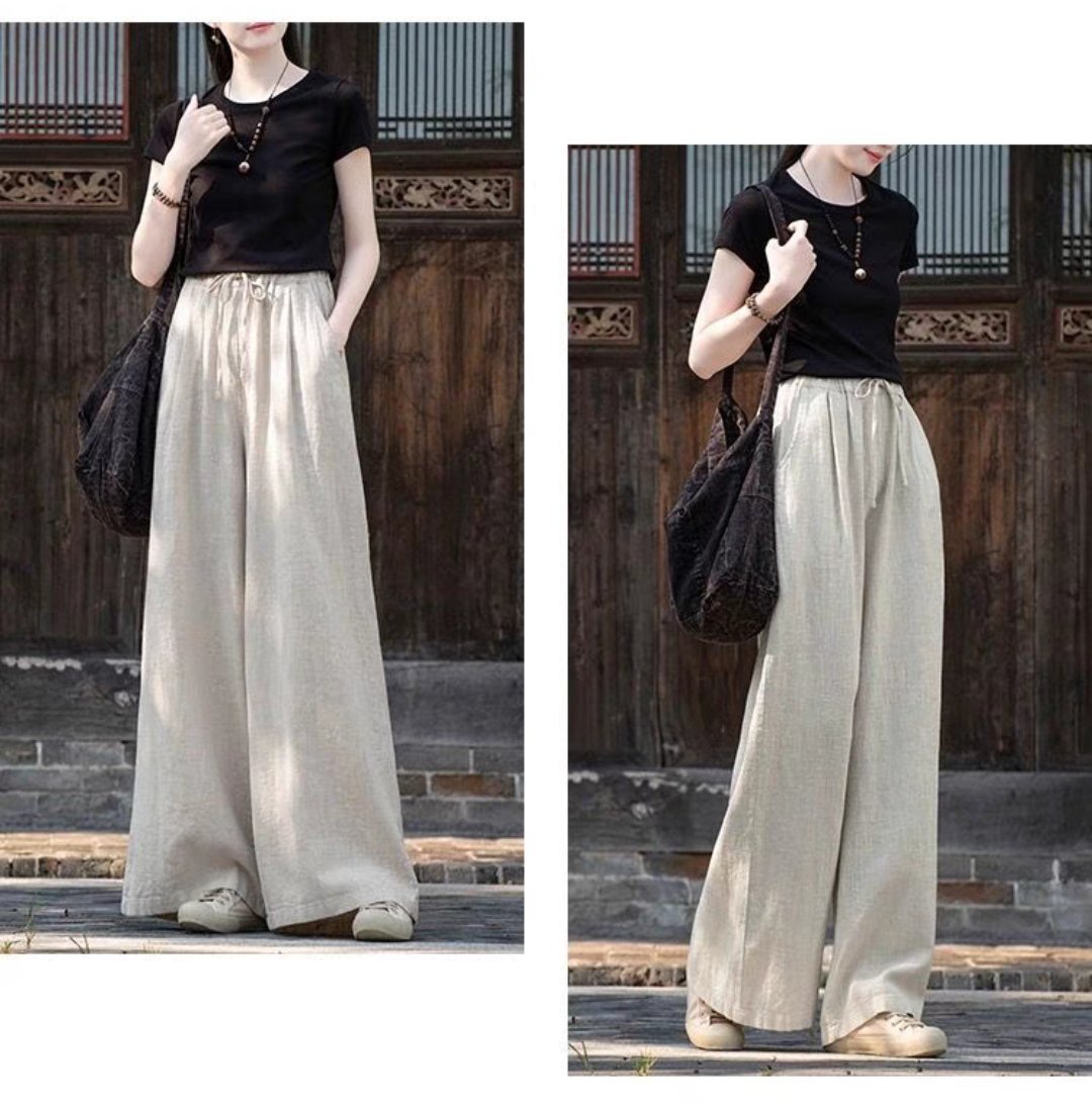 Quần dài linen ống rộng lưng cao YOLINEN cạp thun cột dây cao cấp nhiều màu QD08