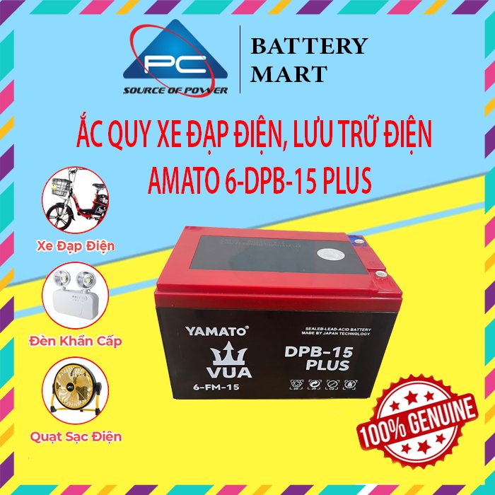 Ắc Quy Xe Đạp Điện 6-DPB-15 PLUS YAMATO 12V-15AH, acquy dùng cho Loa Kéo, Năng Lượng Mặt Trời