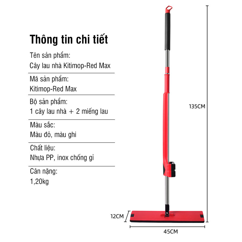 Cây lau nhà tự vắt thông minh không cần thùng, chổi lau nhà 360 độ Kitimop-REDMAX