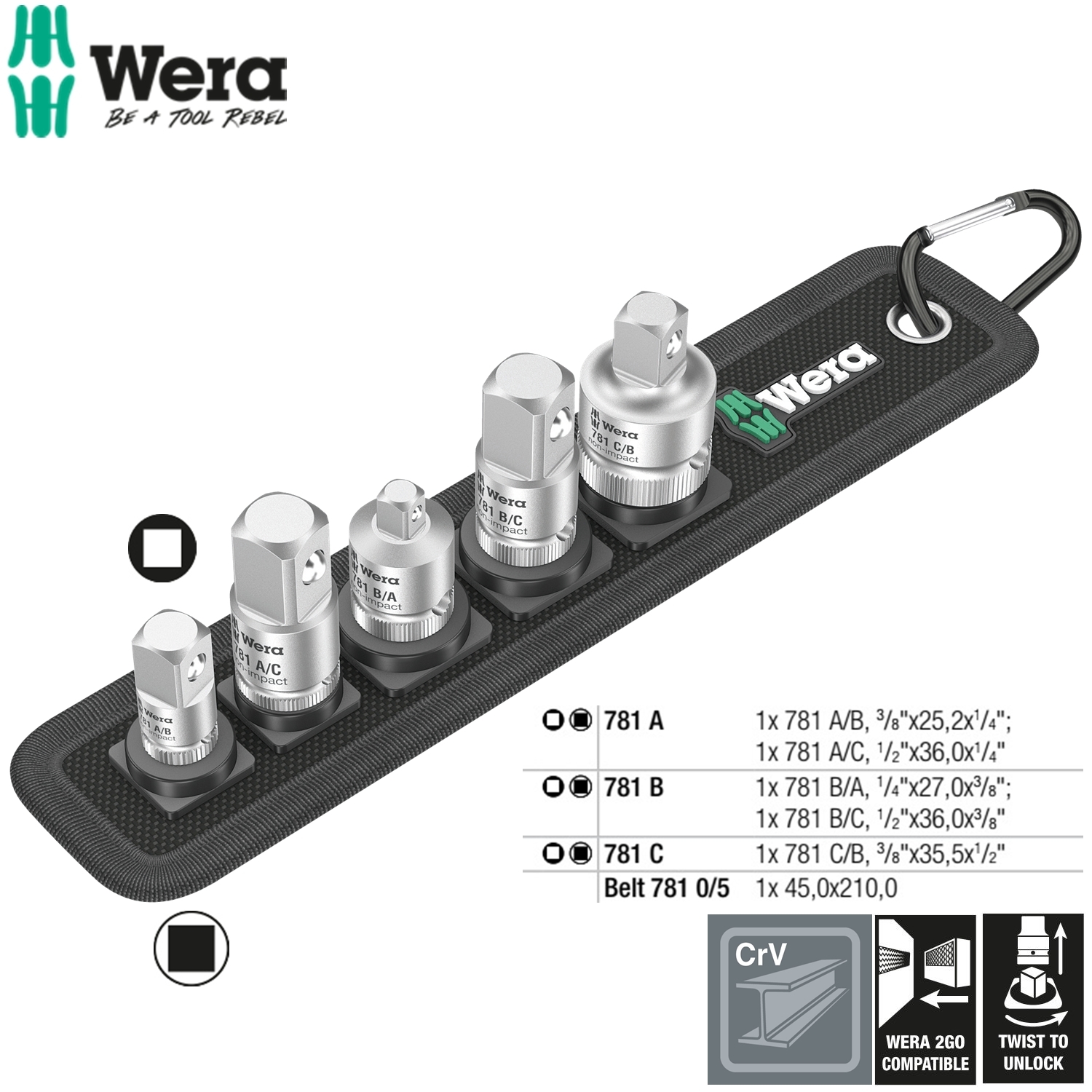 Bộ đầu chuyển 1/4", 3/8" và 1/2" Wera 05042680001 781/5 Set 1 gồm 5 cái