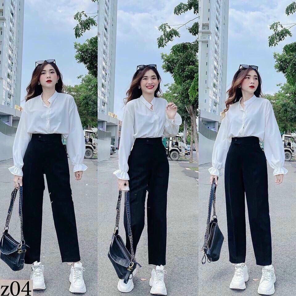 Set sơ mi trắng và quần năng động cho nàng