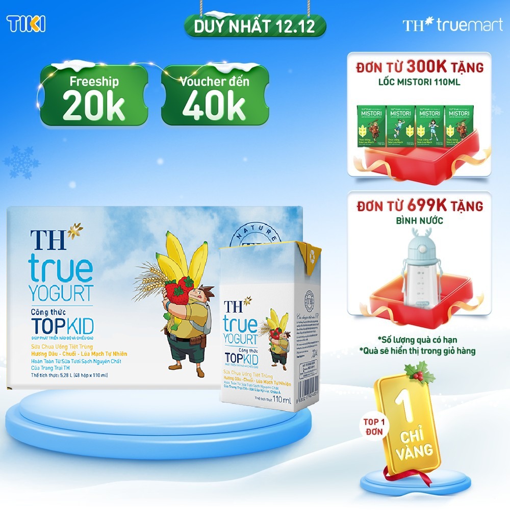 Thùng 48 hộp sữa chua uống tiệt trùng TOPKID hương dâu-chuối-lúa mạch tự nhiên TH True Yogurt 110ml (110ml x 48)