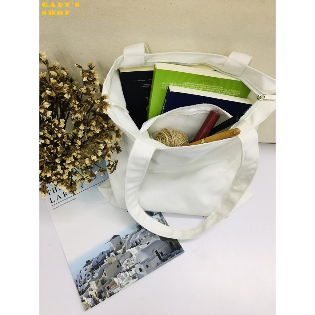 Túi vải TOTE, Canvas đeo Hàn Quốc trắng trơn (có khóa kèm túi con) GADY shop