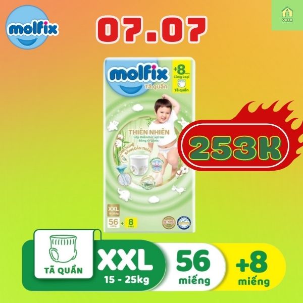 Tã/bỉm quần Molfix Thiên nhiên Ultra XXL (15kg - 25kg) - Gói 56+8 miếng