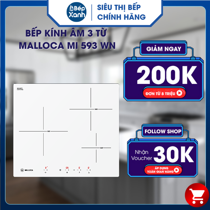 Bếp kính âm 3 từ Malloca MI 593 WN - Hàng Chính Hãng