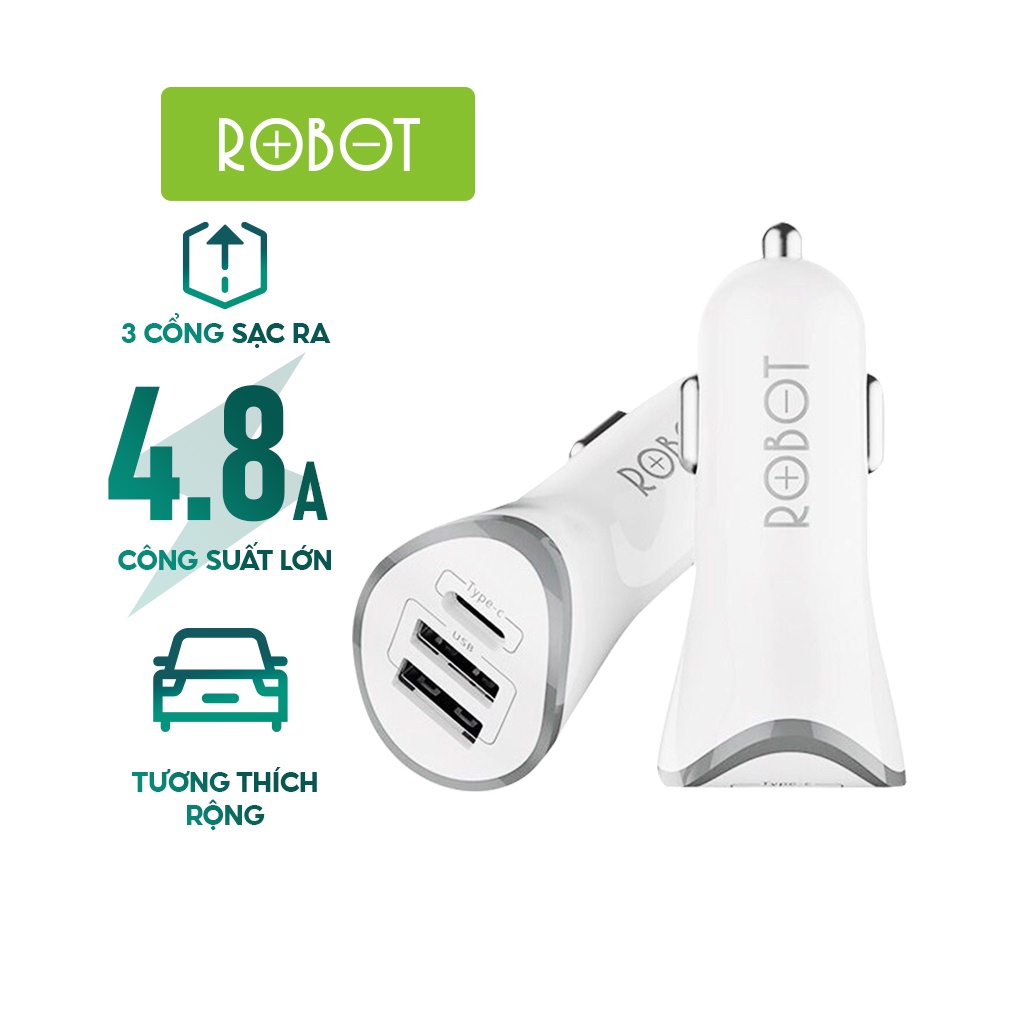 Cốc Sạc Ô Tô ROBOT RT-C08 4.8A 3 Cổng Sạc Ra USB - Hàng Chính Hãng