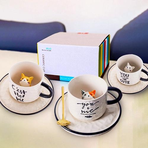 Ly sứ uống nước, Cốc uông nước, Quà lưu niệm, cute họa tiết mèo đáng yêu,kèm đế