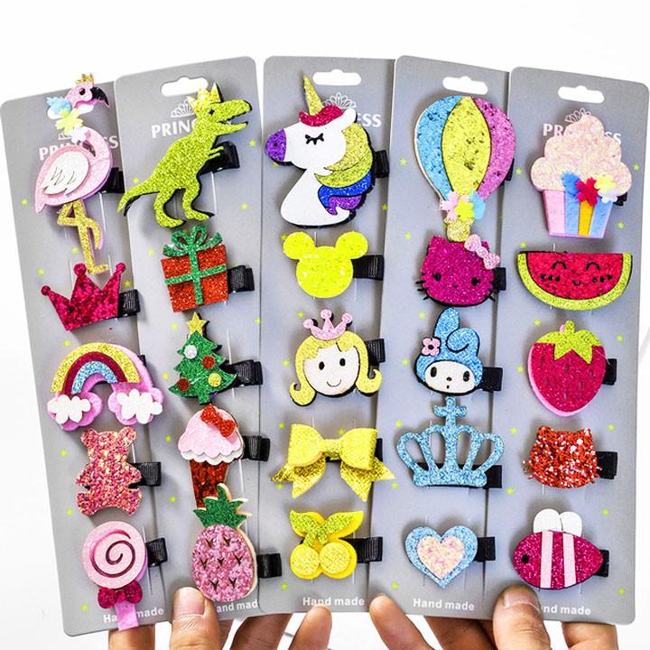 Set 5 kẹp tóc handmade cho bé gái nhiều họa tiết lấp lánh – P080