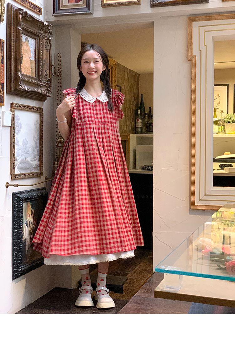 CHENGRUI Vintage búp bê cổ cherry thêu đầm mùa hè 2023 lỏng lẻo ngọt ngào thiết kế cảm giác váy sọc đỏ
