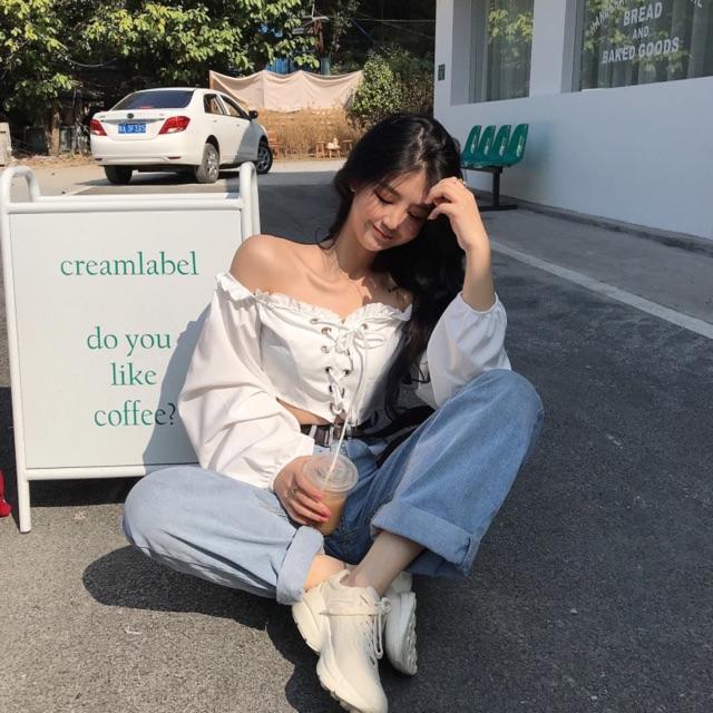 Áo trễ vai đan dây phong cách Ulzzang Hàn Quốc