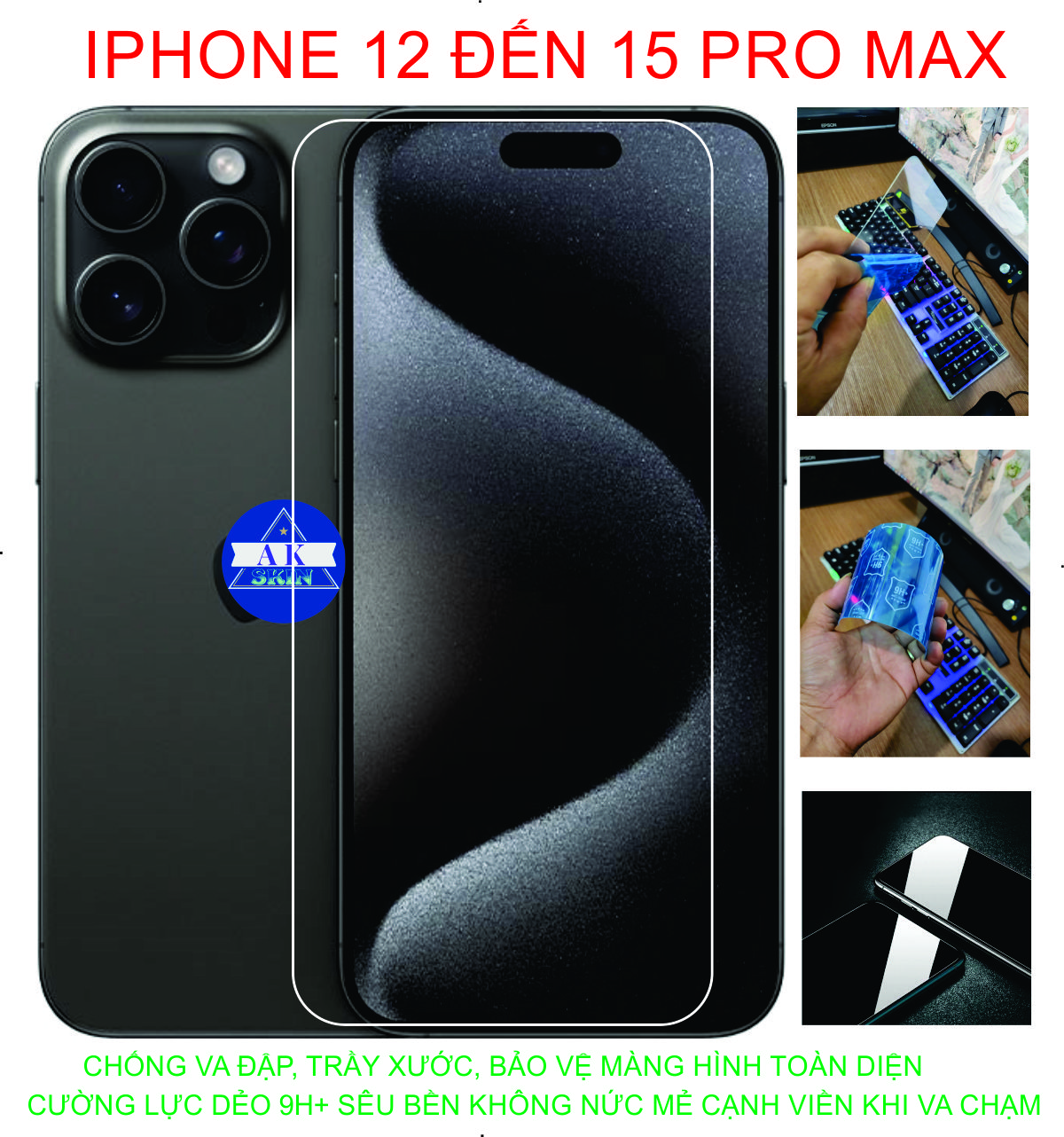 Cường lực dẻo 9H+ dành cho IP 12 đến 15 pro max, Bảo vệ màng hình chống va đập trầy xước toàn diện