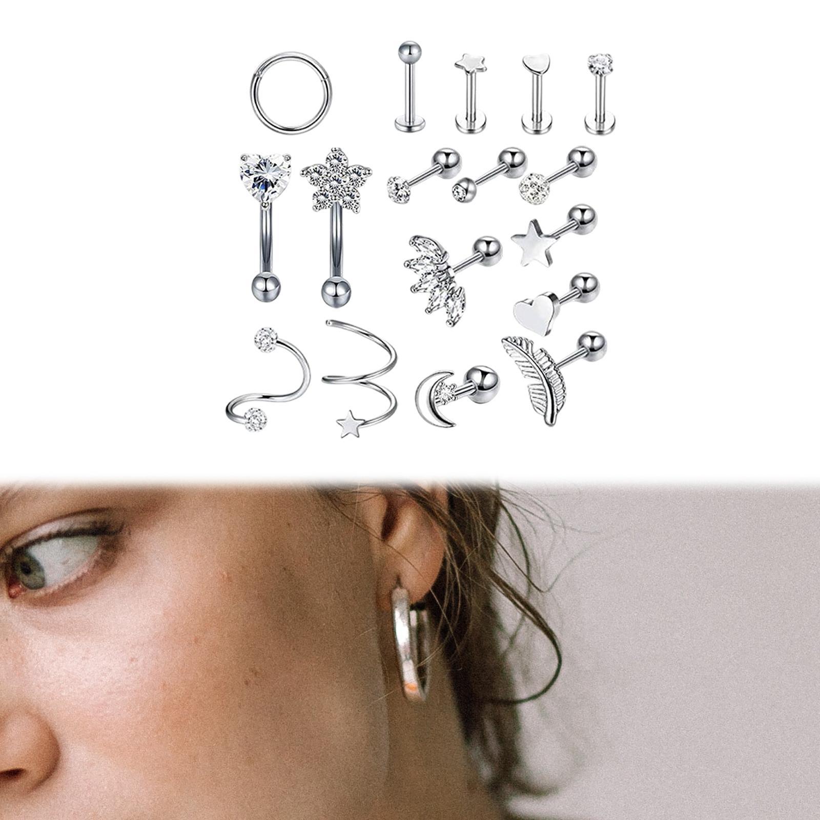17Pcs Stainless Steel Ear Earrings Piercing Jewelry Nose Rings