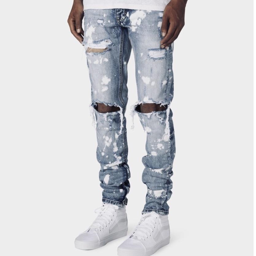 Quần Jean Nam The Luyn Black Màu Xanh Indigo Rách Gối Phối Đốm Trắng Phong Cách Streetwear Bụi Bặm