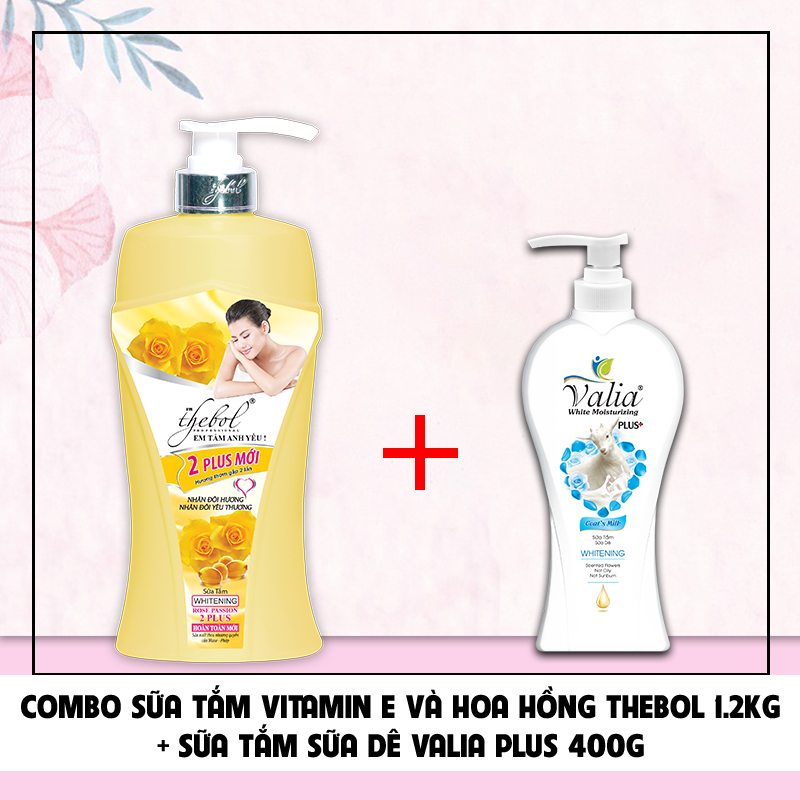 Combo sữa tắm thảo dược Vitamin E, nước hoa Thebol 1.2 kg + sữa tắm chiết xuất tinh sữa dê Valia