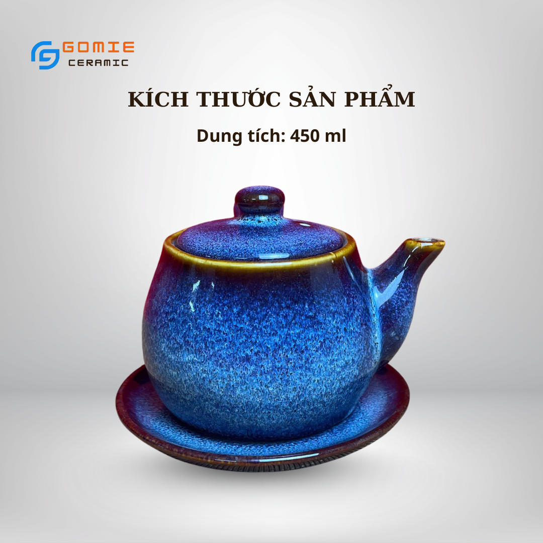 Ấm Trà Kiểu Nhật Men xanh hỏa biến - Ấm trà có tay cầm dài men hỏa biến - Gốm sứ cao cấp Bát Tràng