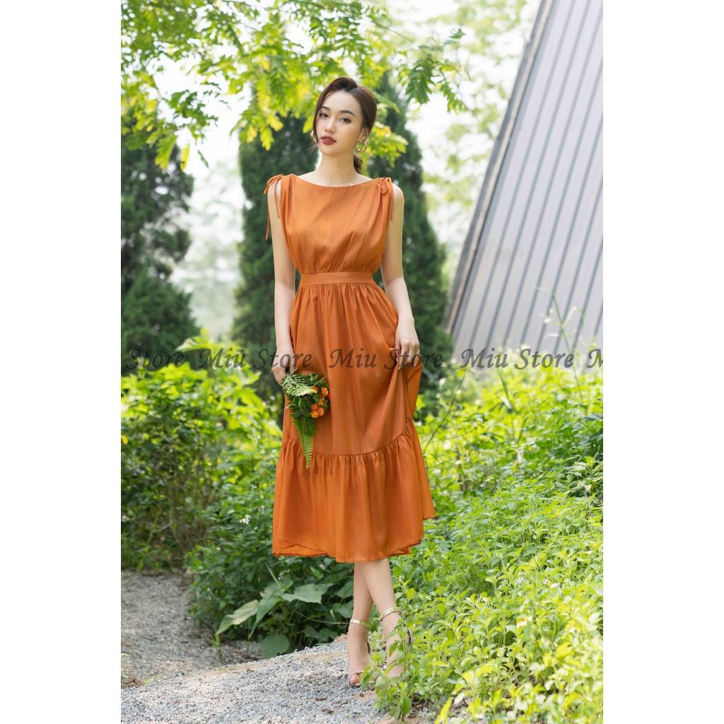 D00357 - Đầm thiết kế maxi cam vai rút dây vải voan màu cam cao cấp Miu Store