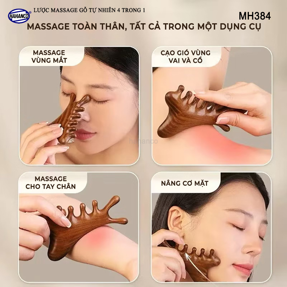 Lược Massage Dụng Cụ Làm Đẹp Chuyên Nghiệp Gỗ Tự Nhiên 4 Trong 1 - HAHANCO - MH384