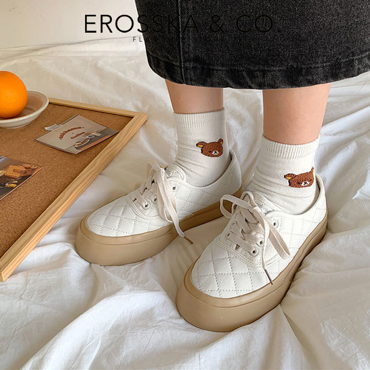 Erosska - Giày sneaker đế dày phối kem đi học phong cách vintage - GS014