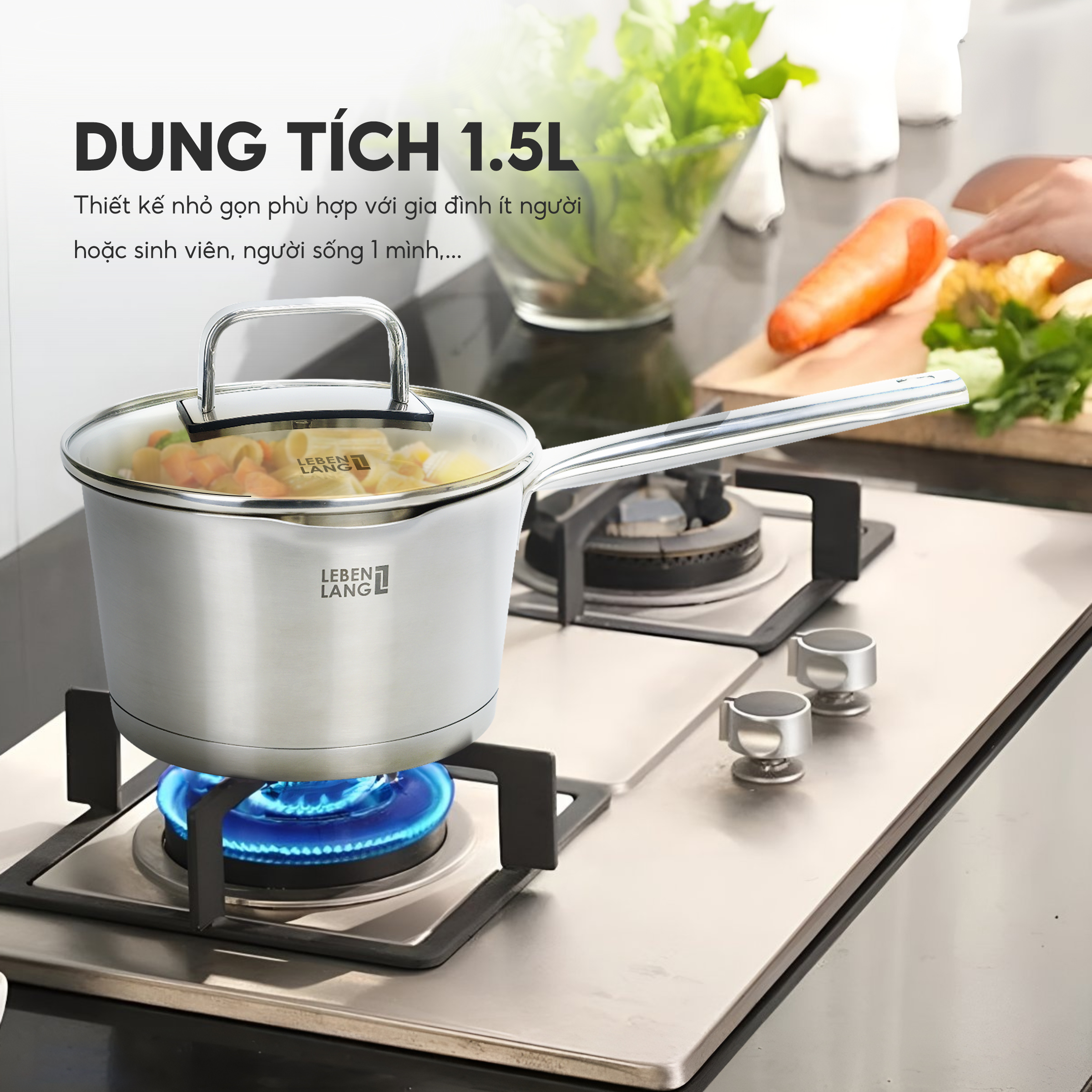 Quánh inox 304 vung kính đáy 3 lớp Lebenlang LBL2528, size 18 có khe chắt nước, dùng cho mọi loại bếp - hàng chính hãng