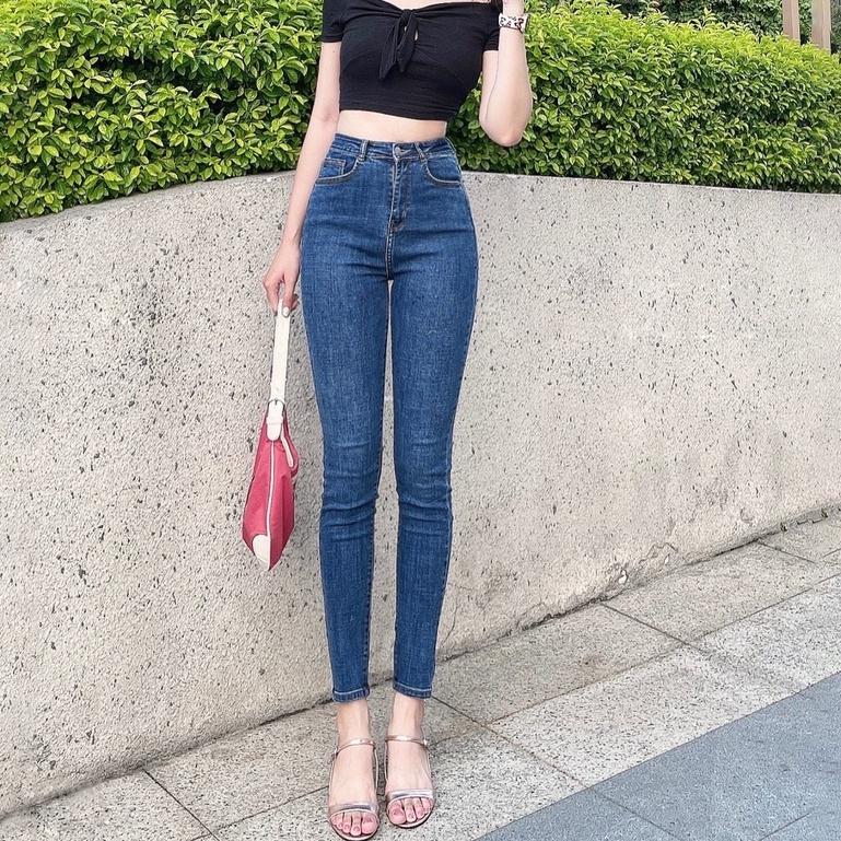 Quần jean nữ lưng cao co giản có túi, quần bò cạp cao skinny jeans bigsize trơn dài basic