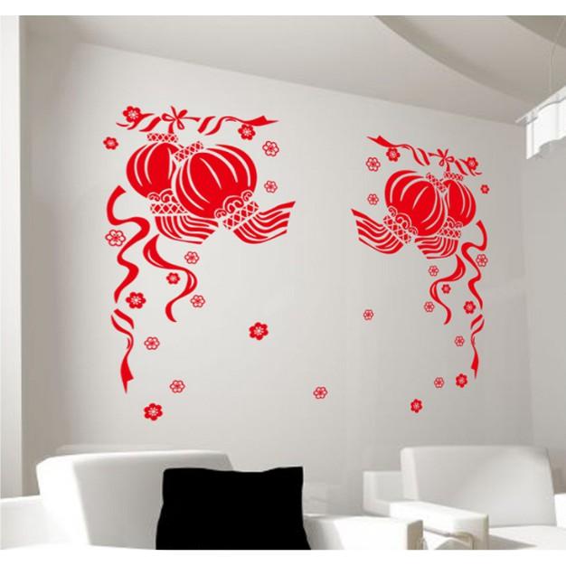 Decal trang trí tết - Lồng Đèn đôi đỏ dây leo size nhỏ