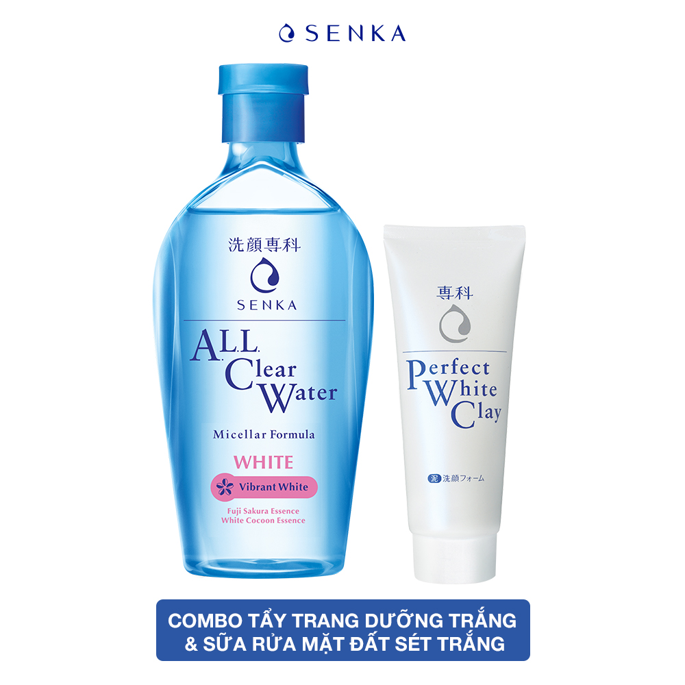 Combo Nước tẩy trang dưỡng trắng Senka All Clear Water Micellar Formula White 230ml + Sữa rửa mặt tạo bọt chiết xuất đất sét trắng Senka Perfect White Clay 50g