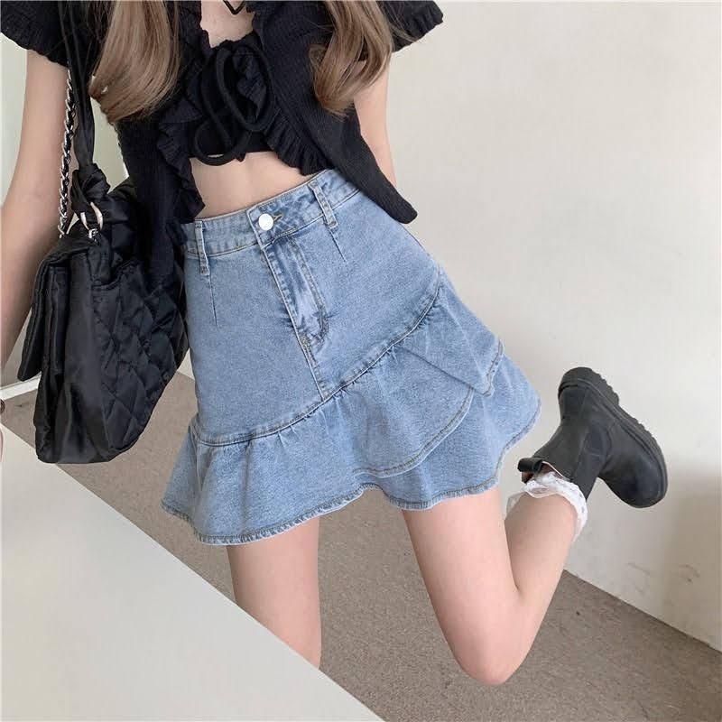 Chân váy bò jeans denim lưng cao phối đuôi cá bèo nhún phong cách cá tính (Có quần lót trong)