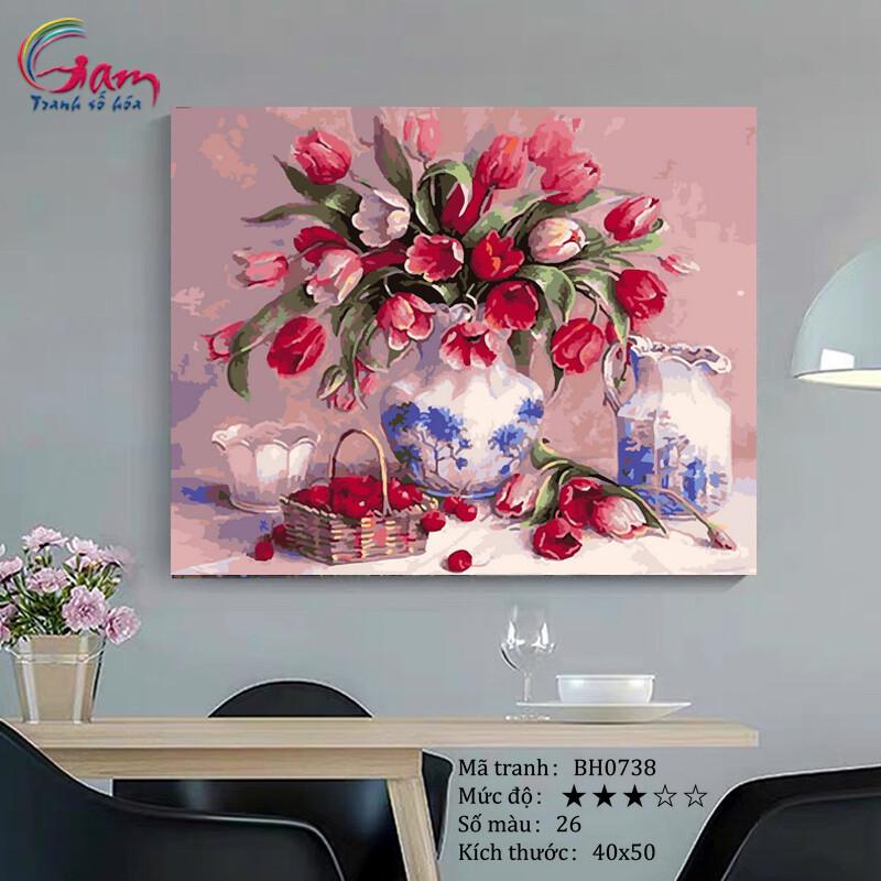 Tranh sơn dầu số hoá tự vẽ bình hoa tĩnh vật - Mã BH0738 Hoa Tulip và cherry