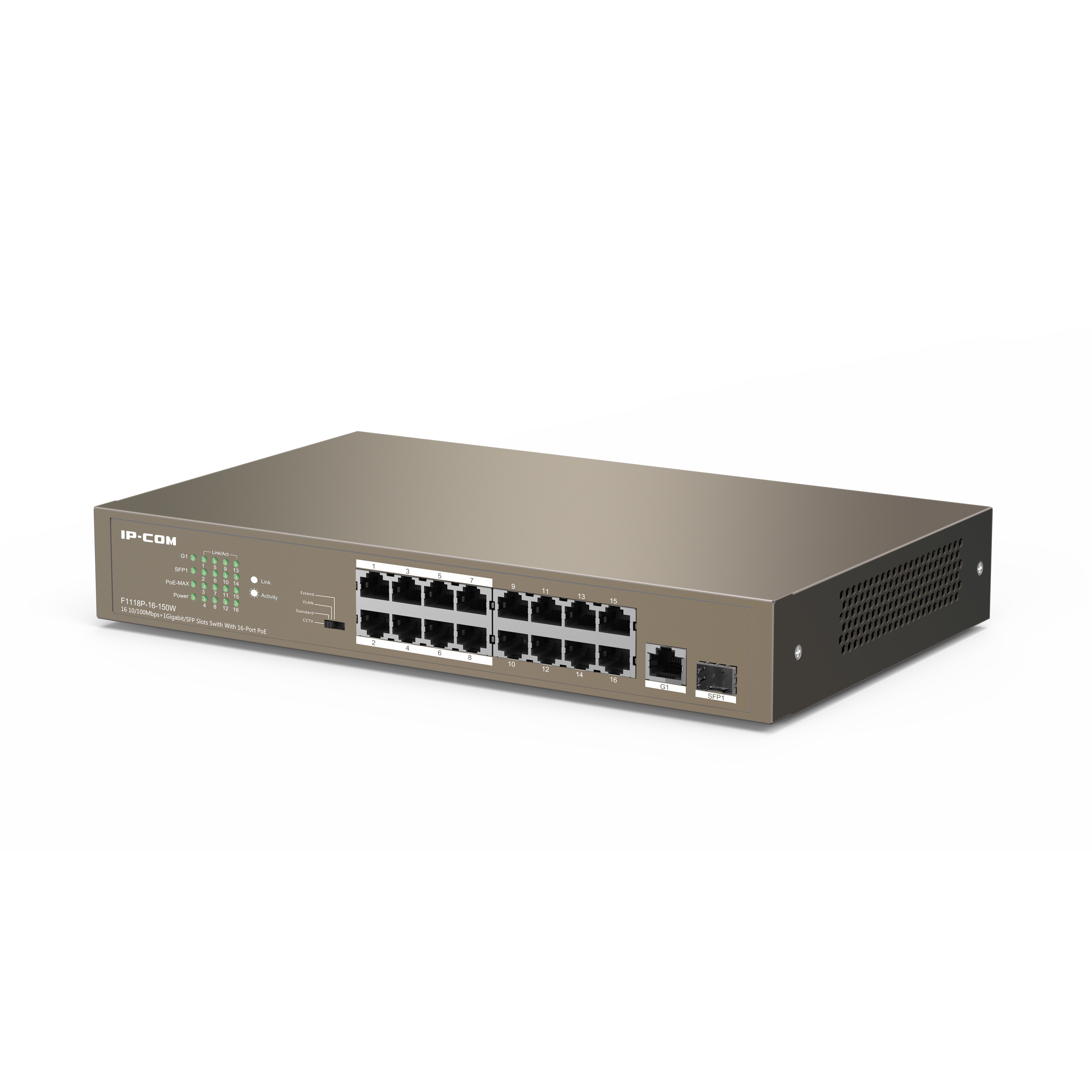 Switch 16 port PoE 10/100 Mbps IP-COM F1118P 150W, Comb 1 cổng SFP+ 1 cổng Uplink Gigabit - Hàng chính hãng